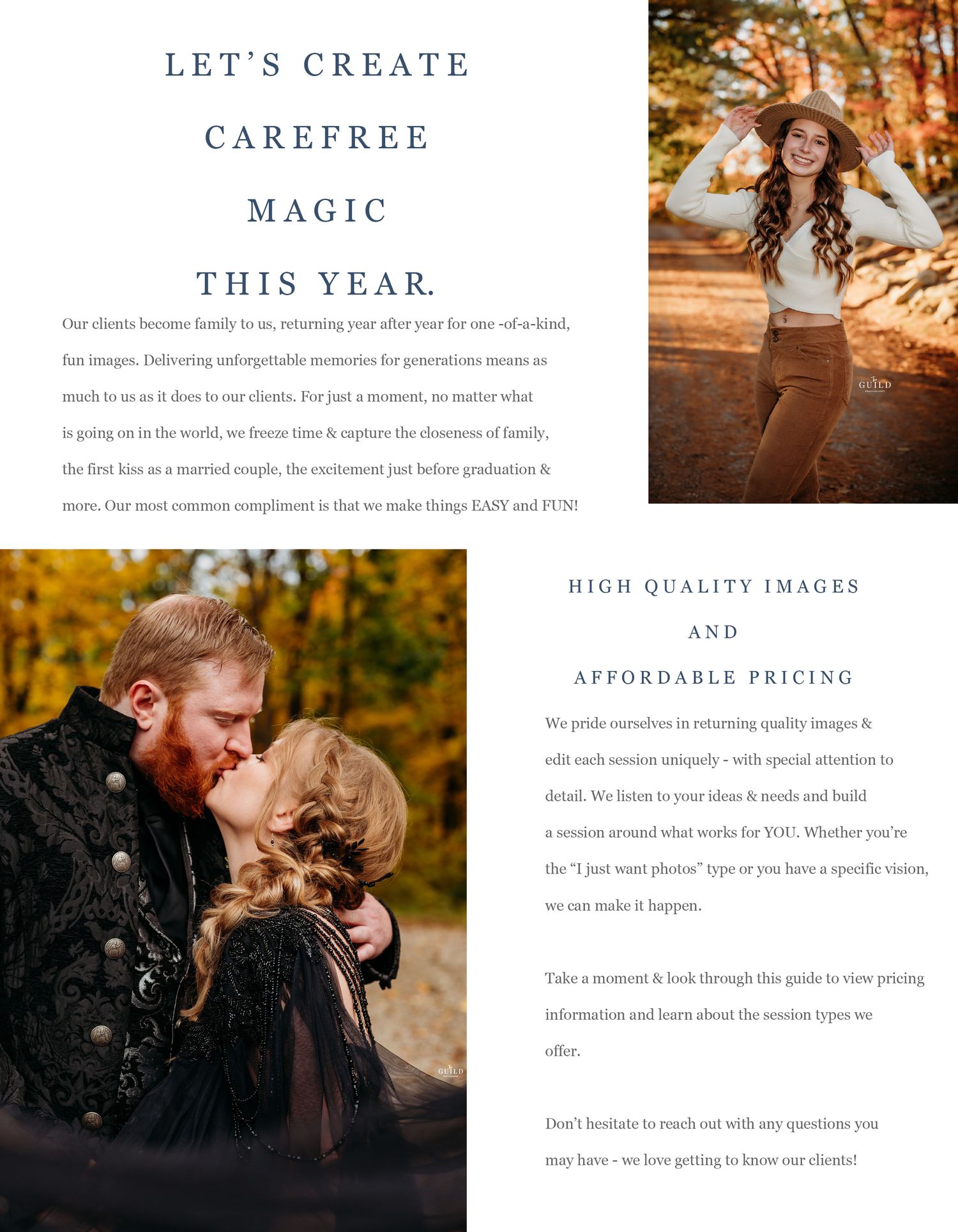 Photography guide page showcasing a romantic couple kissing outdoors during a fall portrait session.