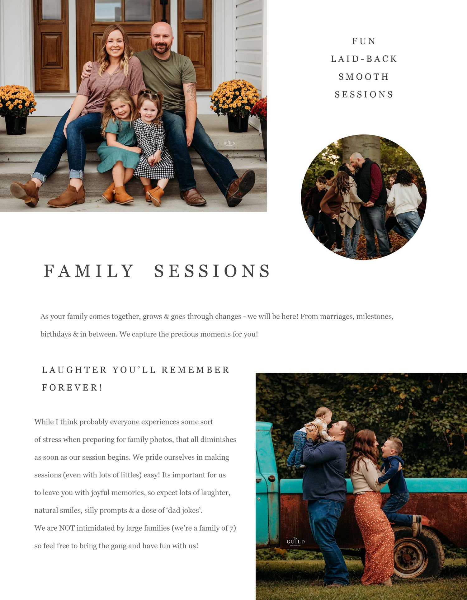 Family photography brochure page displaying fun outdoor family portrait sessions with children.