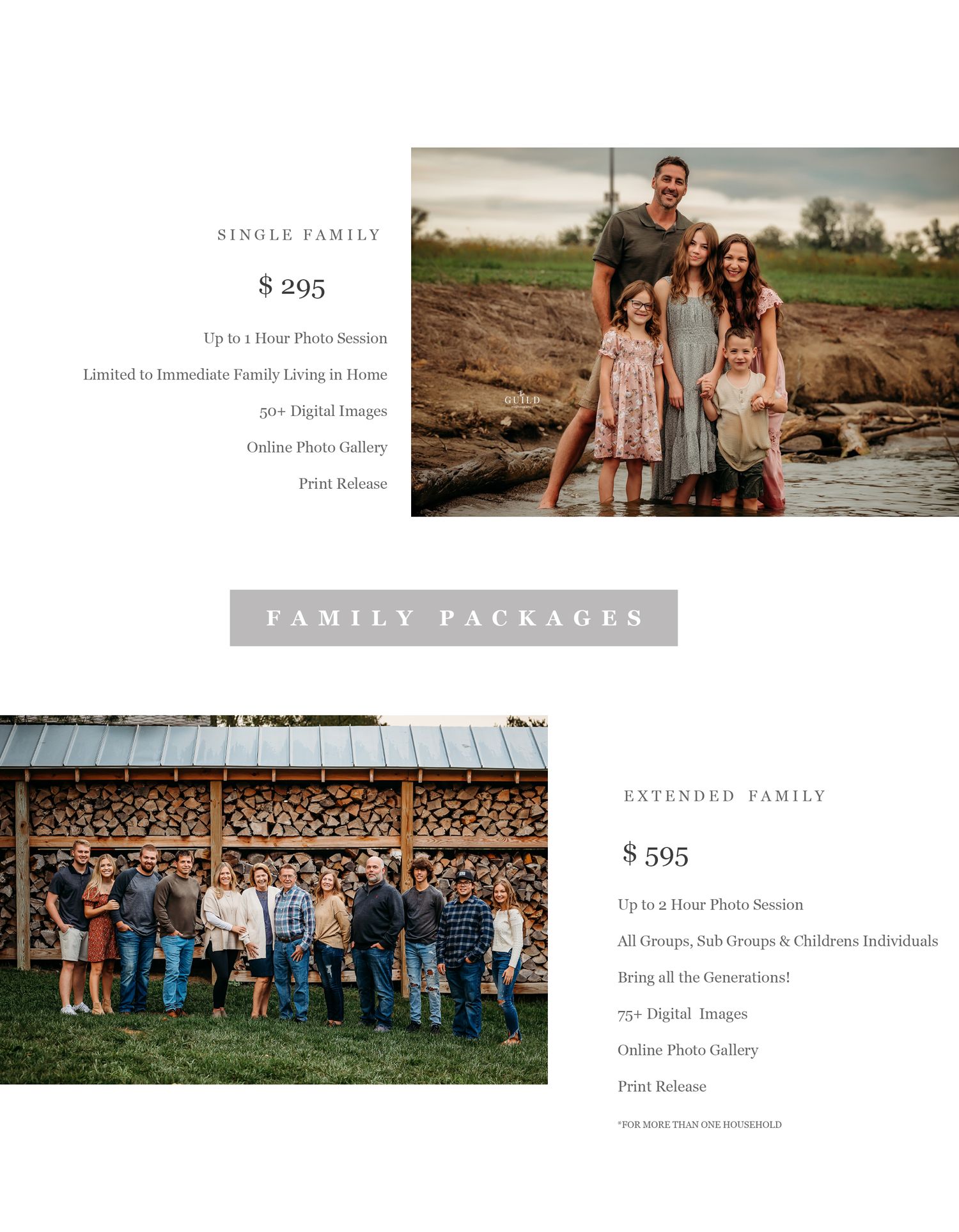 Family photography pricing guide showing single and extended family session packages and rates.