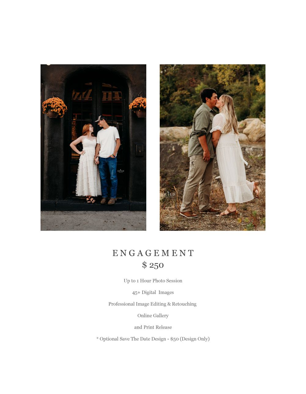 Engagement photography package priced at $250 featuring two couples posing outdoors in autumn settings.