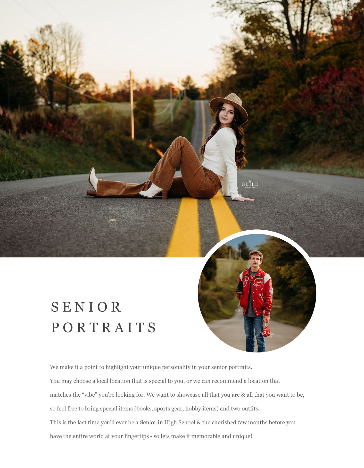 Senior portrait promotional page with a teenage girl sitting on a road and a boy posing in a field.