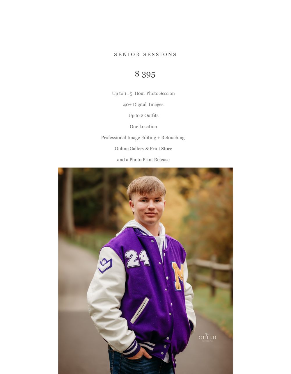 Senior portrait session priced at $395 featuring a young man in a purple varsity jacket outdoors.