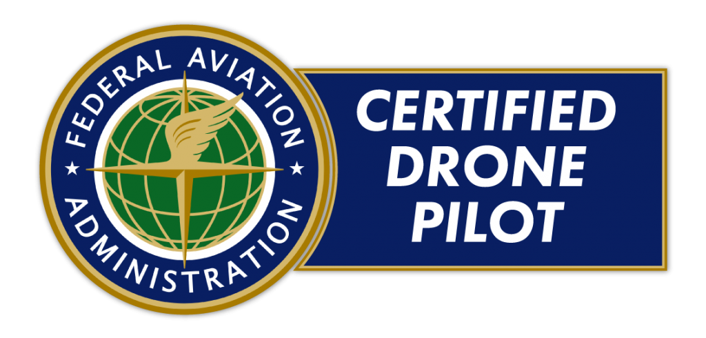 Row of official FAA drone pilot certification and aviation administration badges.