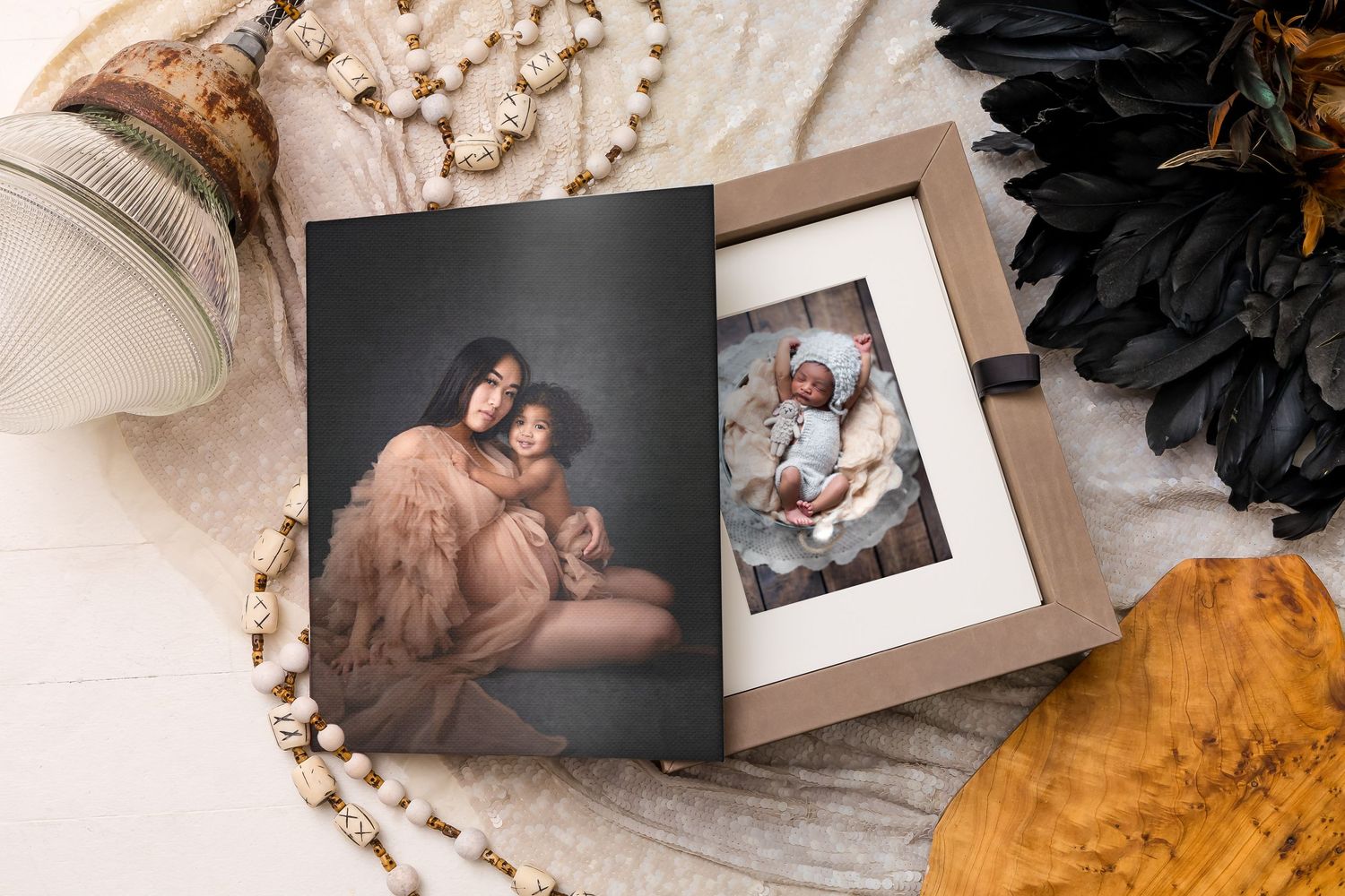 Fine art portrait prints elegantly displayed in a handcrafted keepsake box. Toronto family photography products.