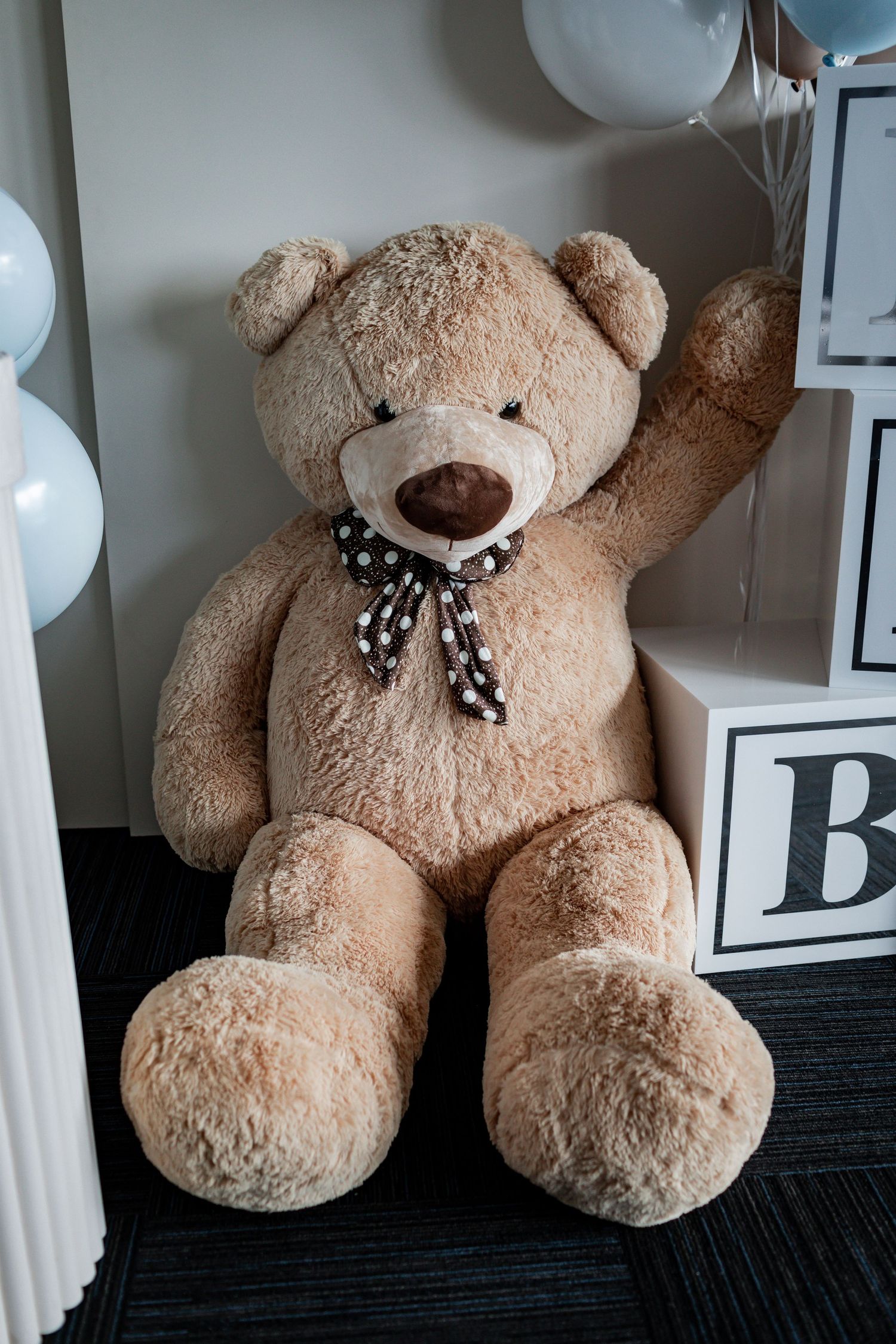 Large beige teddy bear with polka dot bow tie sitting against white blocks.