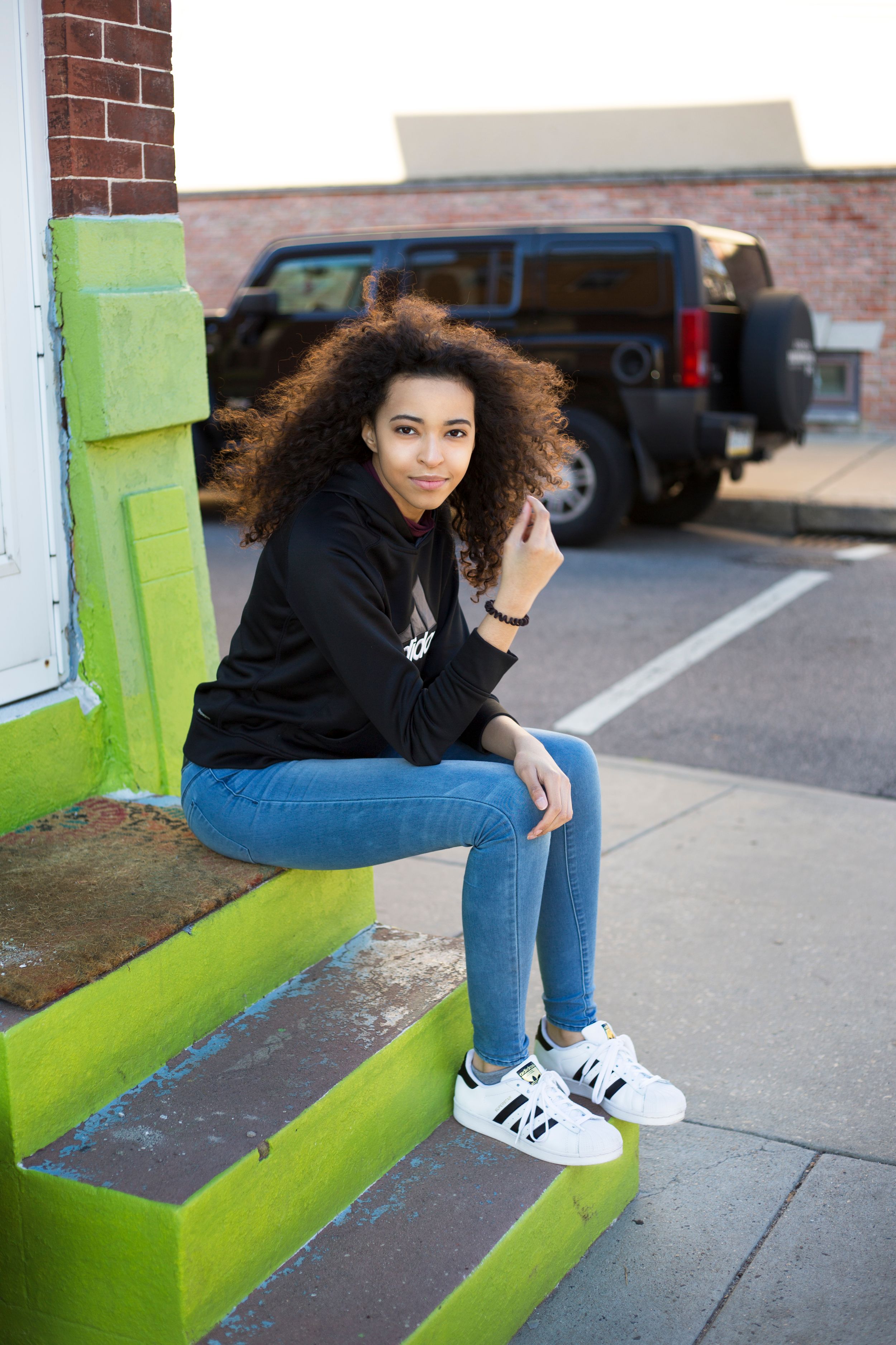 Liz in PA Sitting on a staircase. Modeling 2017