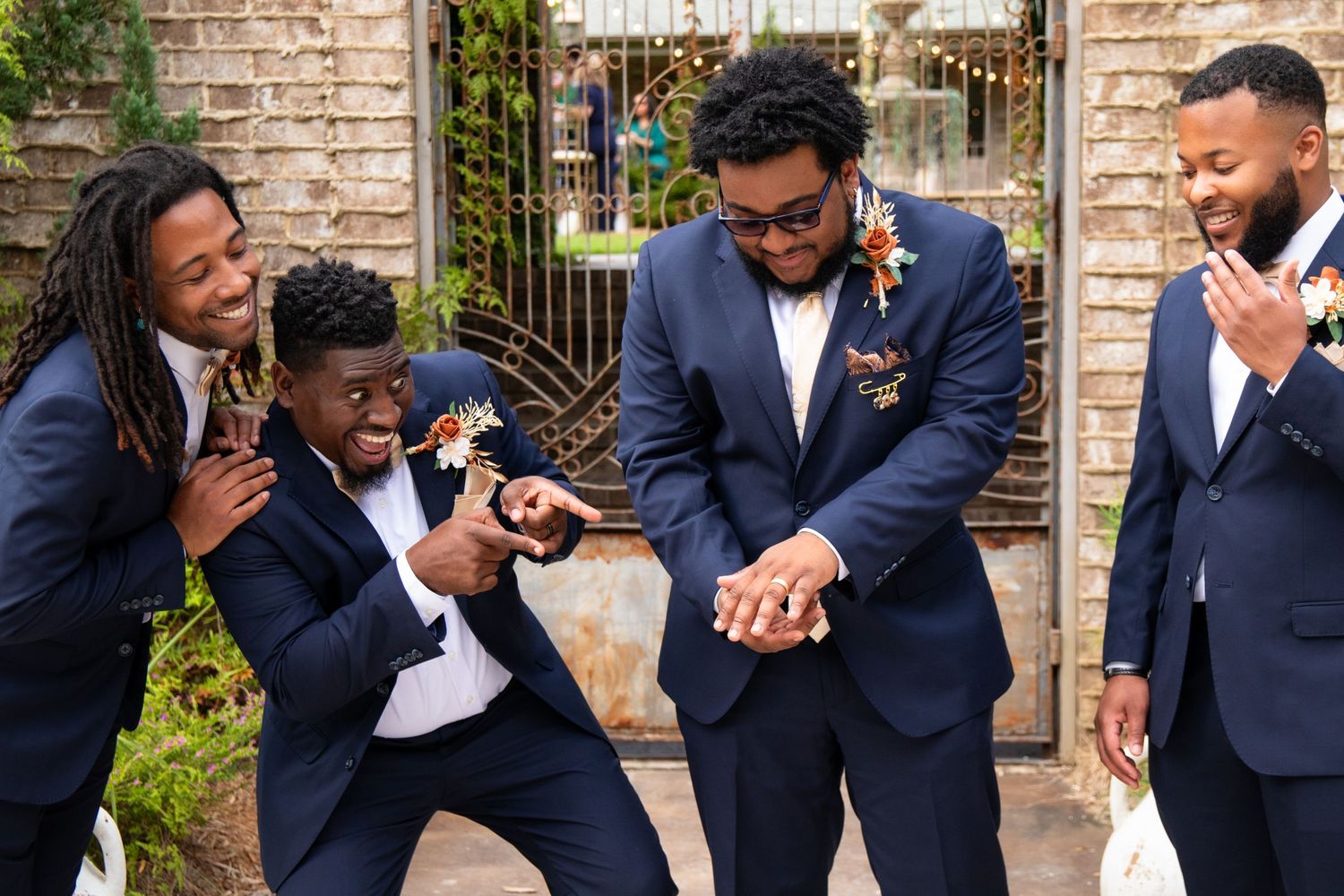 Silly groomsmen photo in front of the Garden at Bella Sera in Loxley, AL.