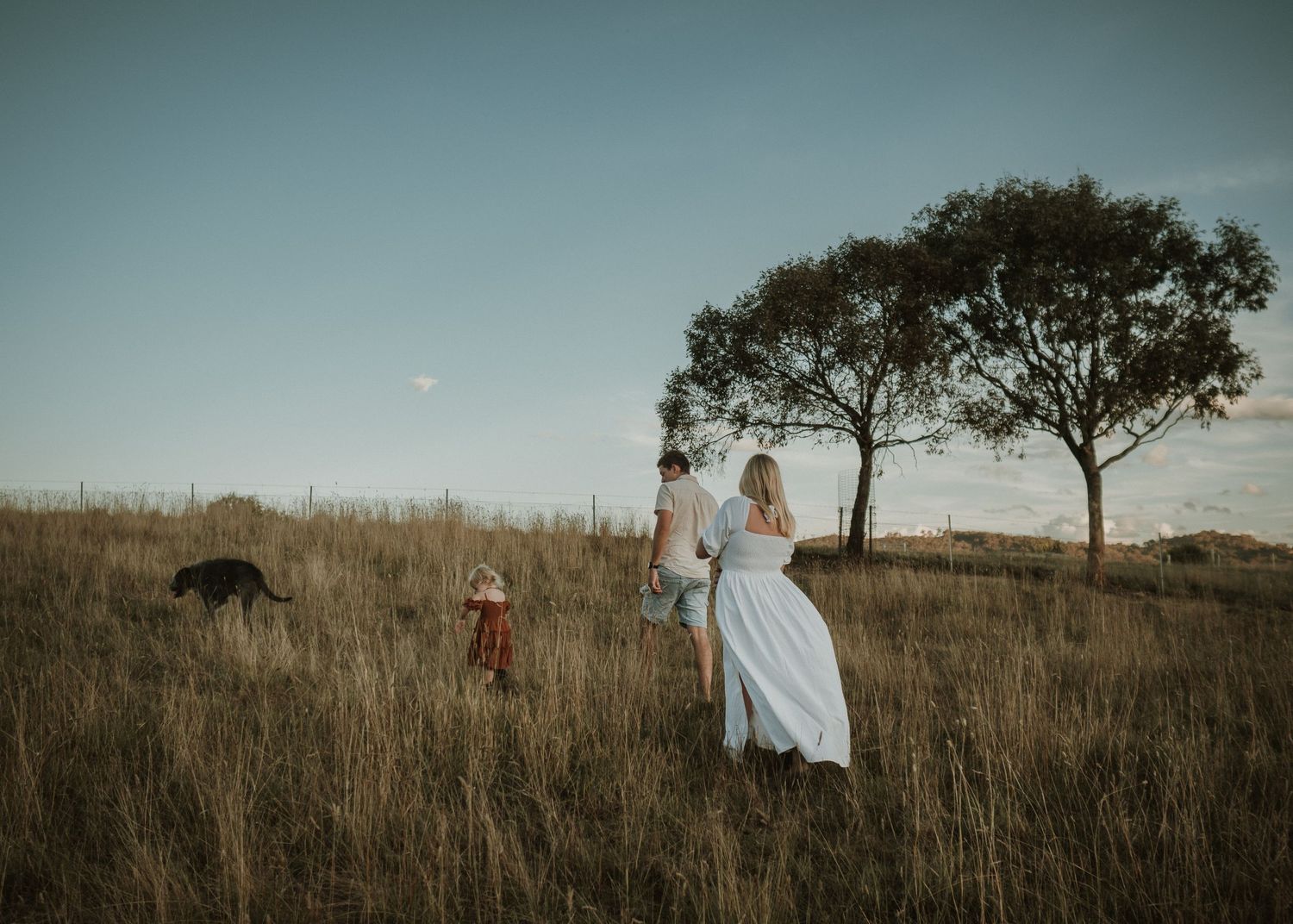 Family with dog walking outside in grass field at blue hour