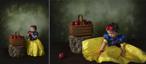 Creative fairy tale themed photo composition with baskets and yellow dress against dark background.