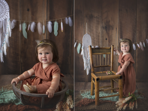 Two photos of child in rust dress with dreamcatcher and chair decorations.
