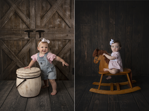 Rustic photography diptych with vintage props featuring a barrel and wooden rocking horse against barn door backdrops.