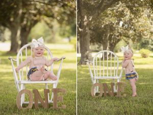 Two photos of child with white garden bench in sunny outdoor setting.