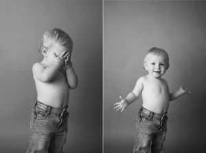 Black and white diptych showing playful expressions and poses in artistic studio photography.