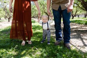 one year old portrait session in almond orchard in Orland, California