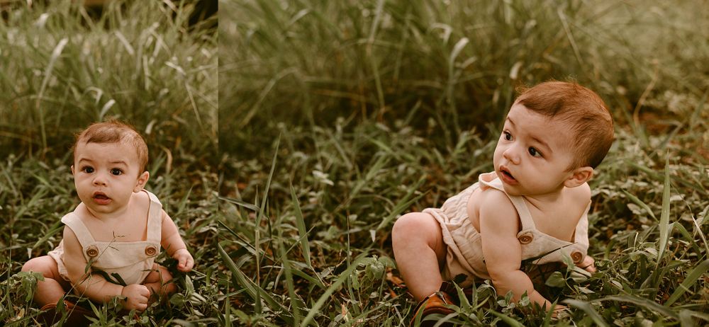 Side-by-side photos of baby in tan overalls sitting in grass with natural lighting.