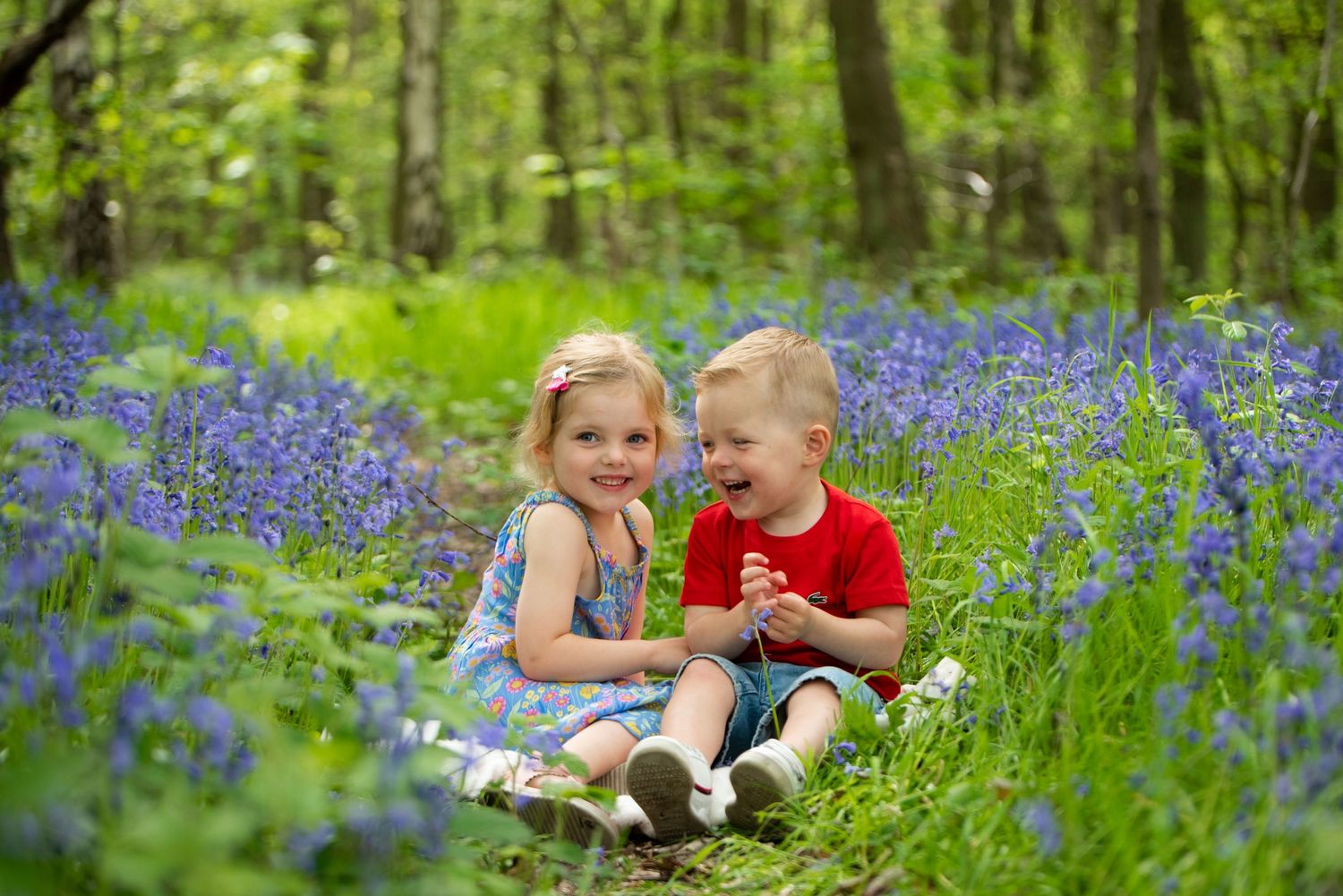 Toddler siblings giggling in the bluebells