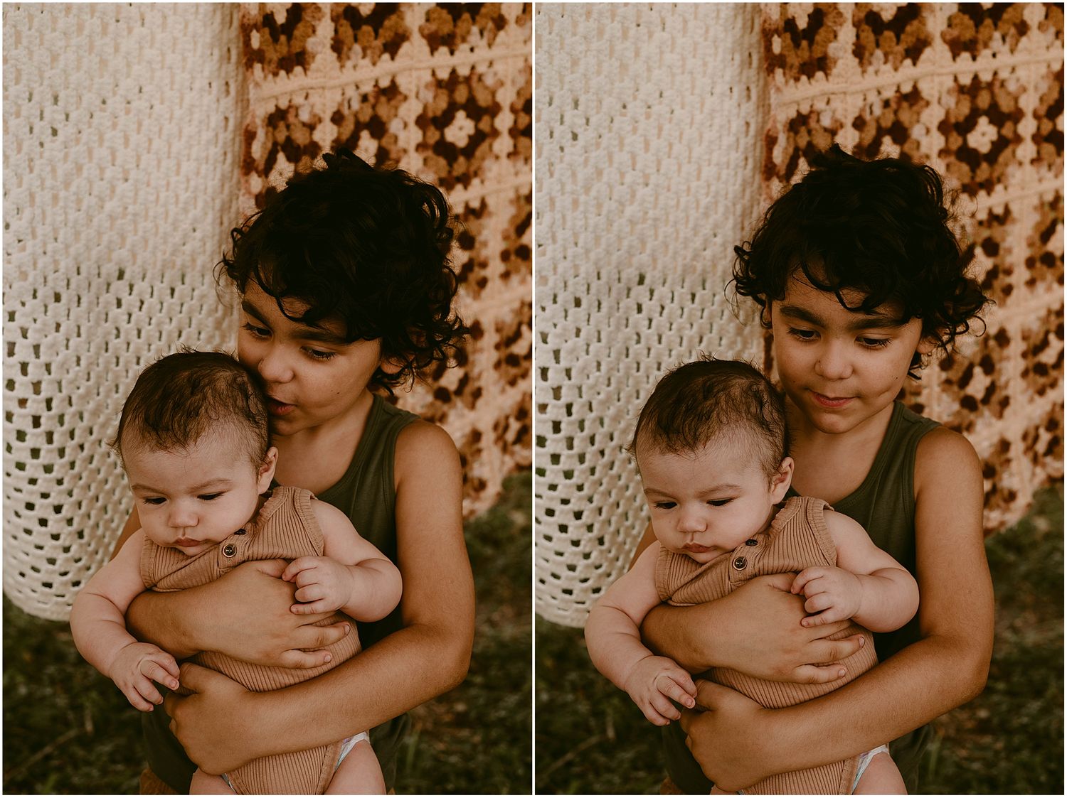 Two similar sepia-toned photos showing a gentle embrace against patterned fabric backdrop.