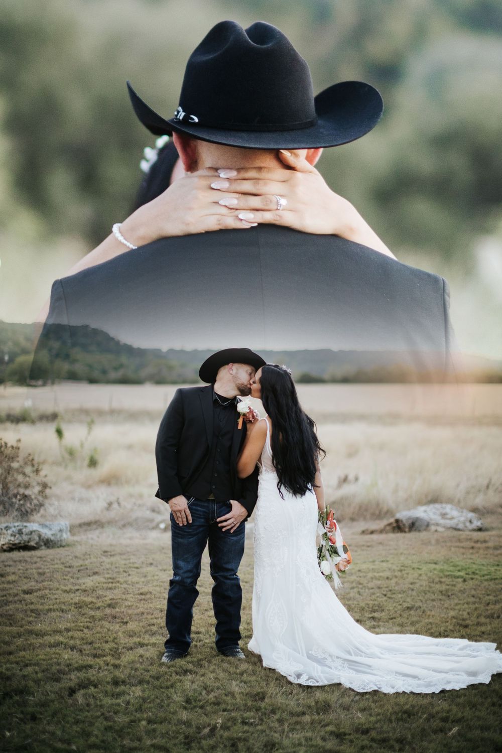 bride in white lace dress groom in black suit with black cowboy hat double exposure