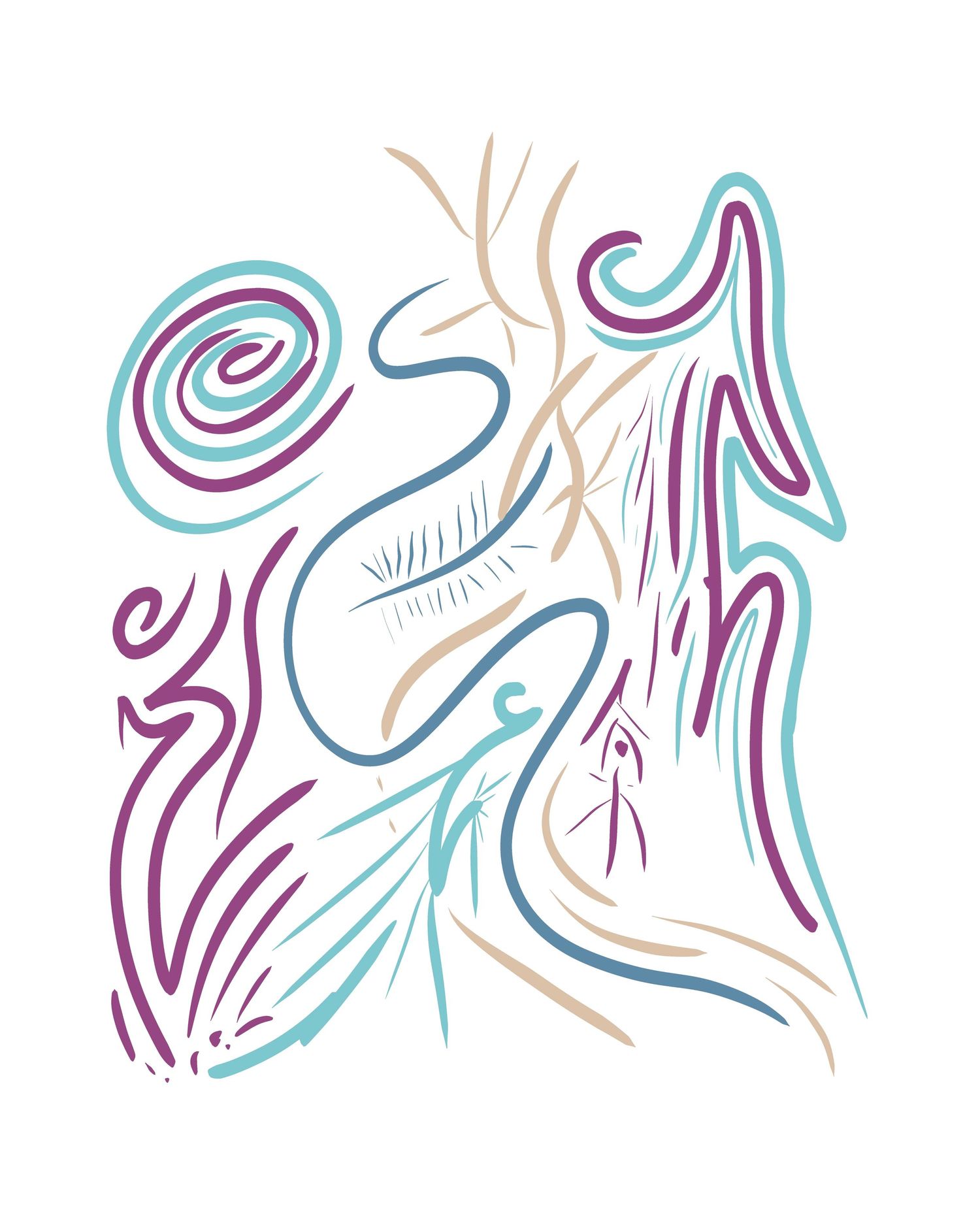 Whimsical abstract line drawing in purple, blue and tan featuring curved organic shapes and swirls.