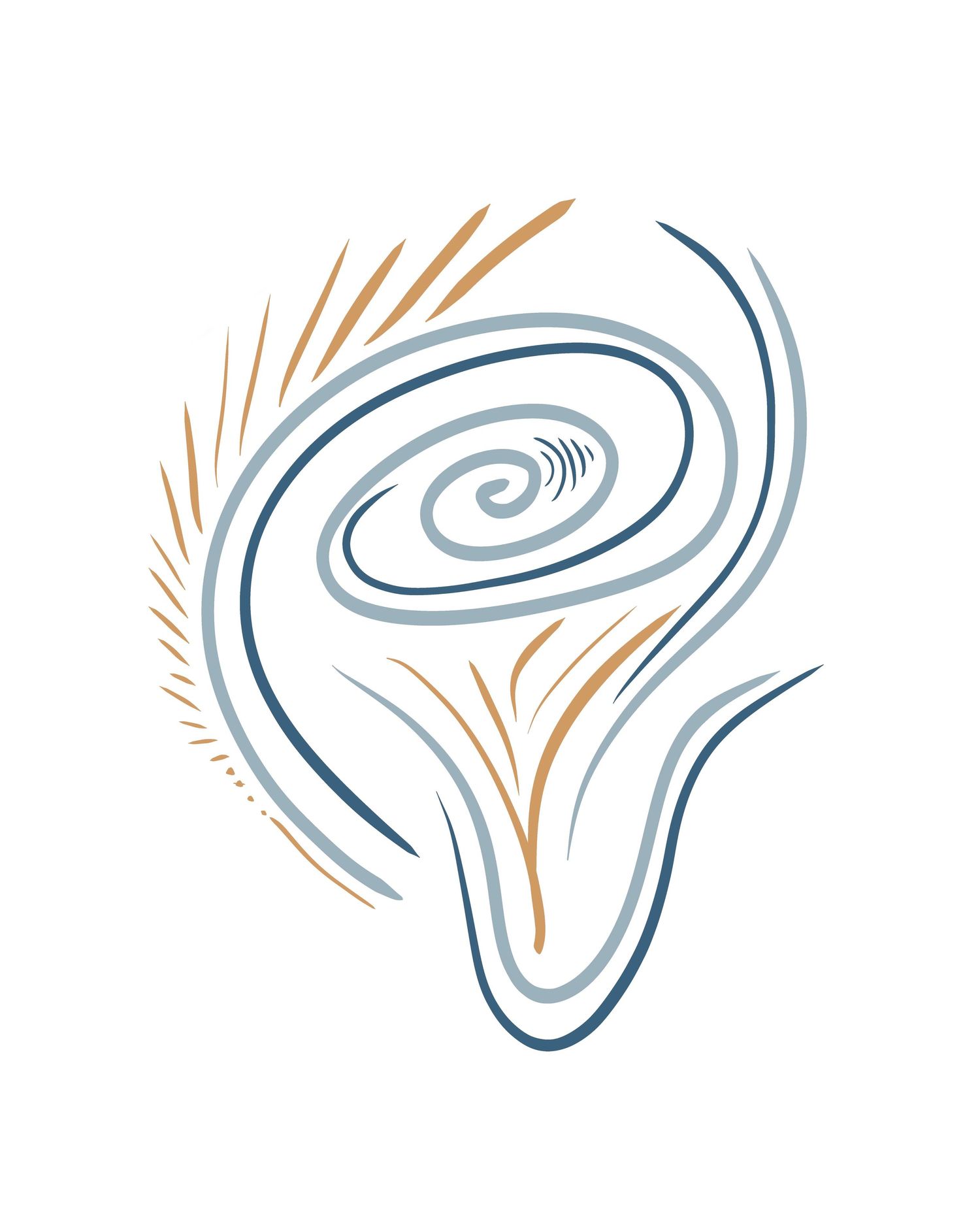 Minimalist spiral design in blue and orange featuring flowing curves and linear elements.