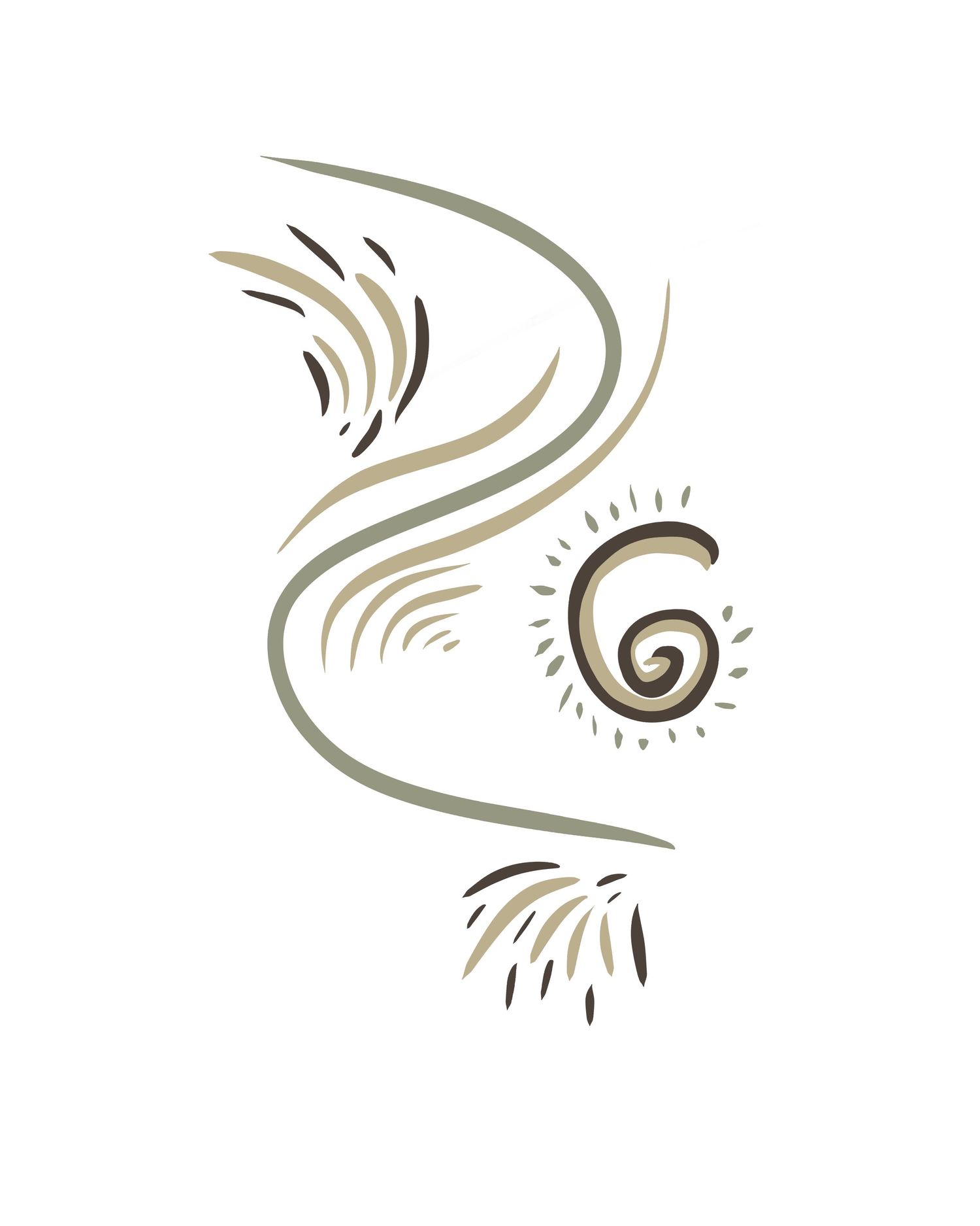 Simple abstract line drawing in earth tones showing curved shapes and spiral motifs.