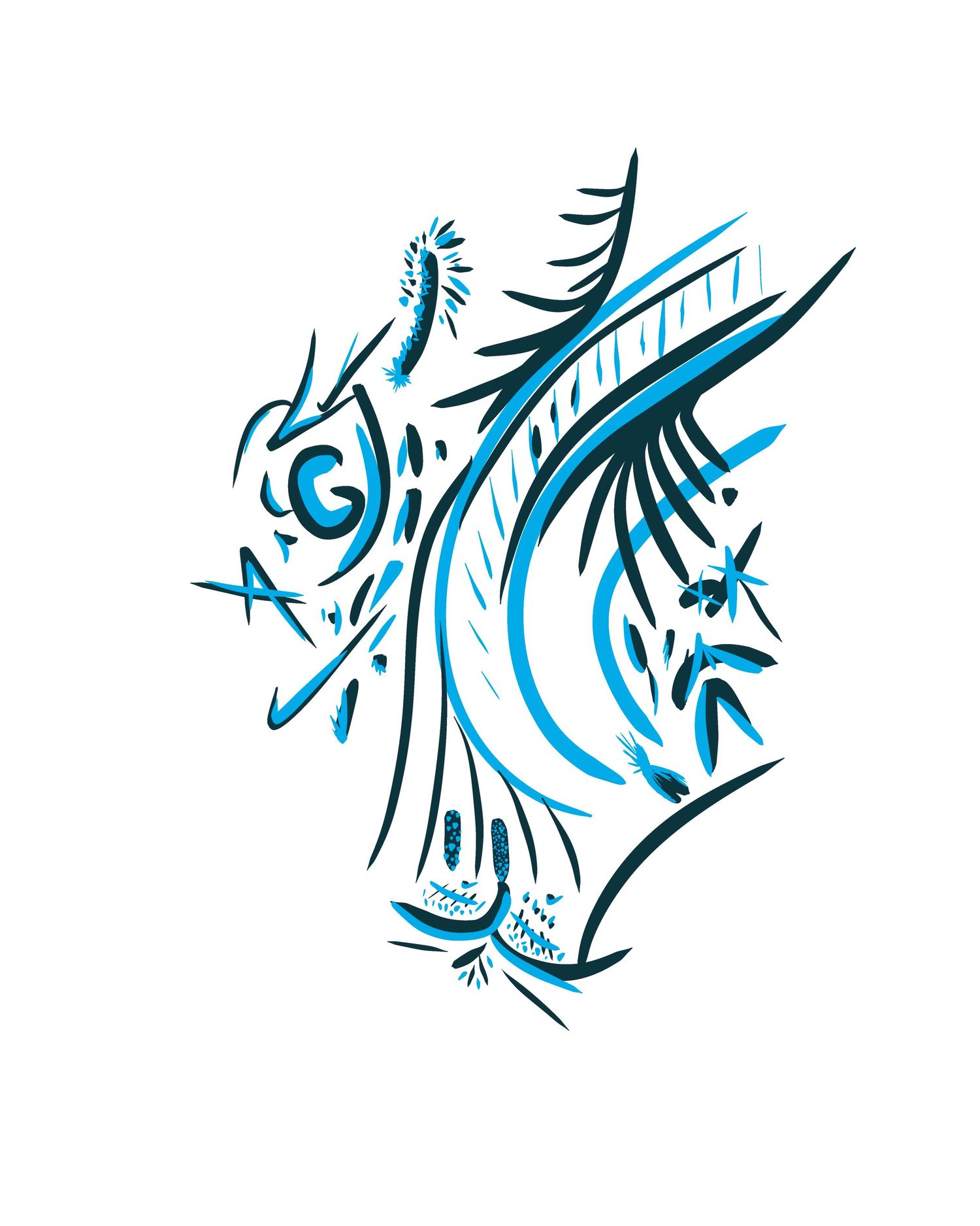 Dynamic blue abstract line art featuring sharp angles and curved shapes in a tribal style.