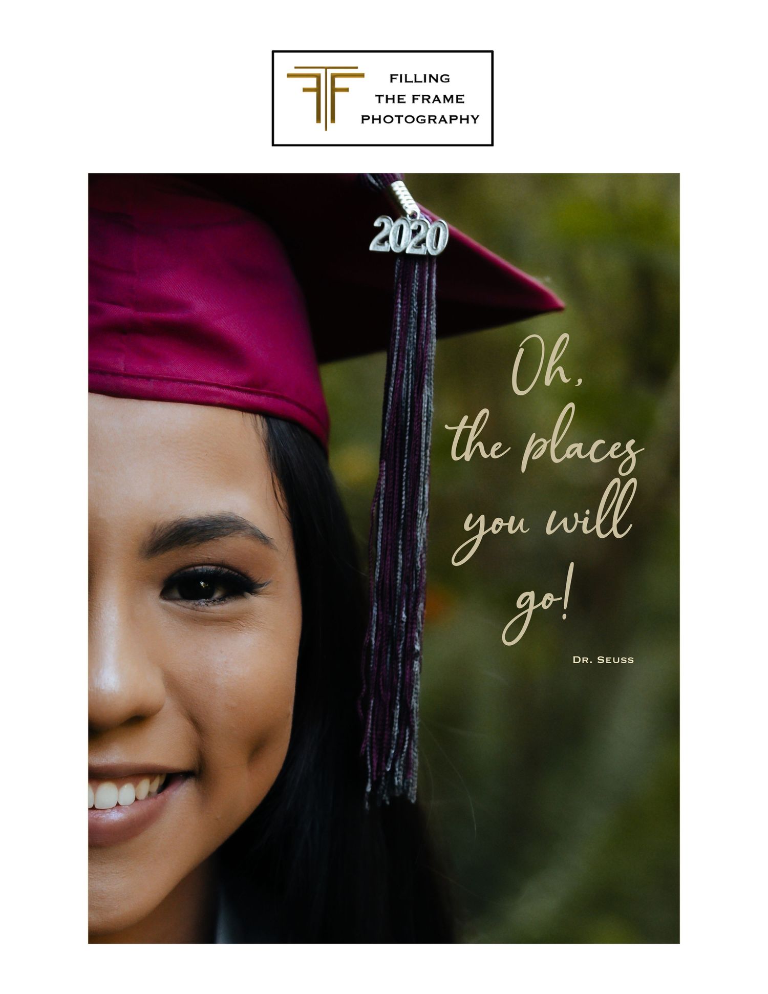 Graduation photo with decorative text overlay 'Oh the places you will go' and tassel detail.