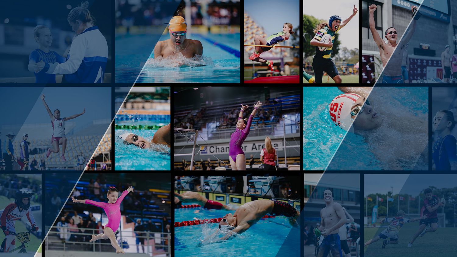 Photo collage showcasing different sports and athletic activities in outdoor and pool settings.