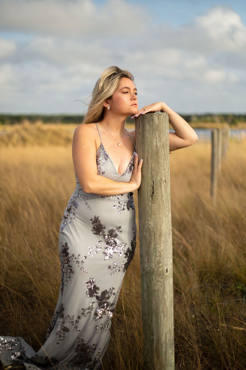 A dreamy portrait of a woman in gray dress leaning on a fence post in tall grass.