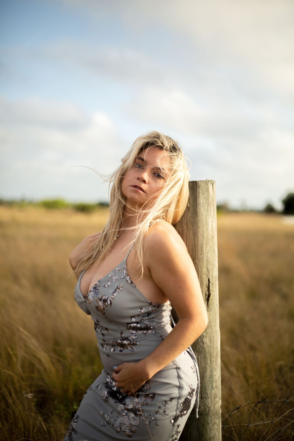 A portrait of a woman in gray dress against golden light and coastal grasslands.