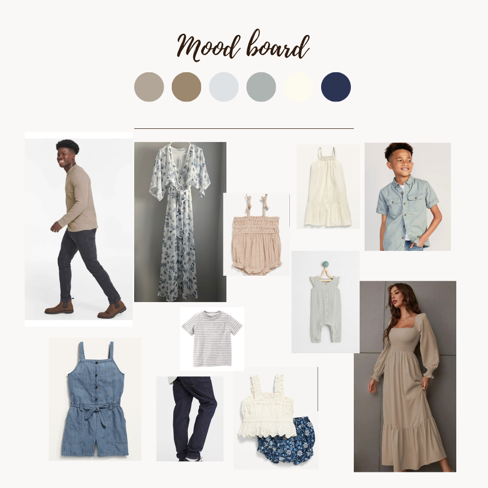 Blue & neutral colour story: Outfit ideas for spring & summer photos in Calgary Alberta.