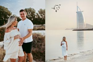 couple maternity photos on beach dubai