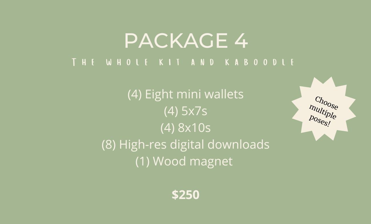 Deluxe photography package with mini wallets and wood magnet on mint green background.