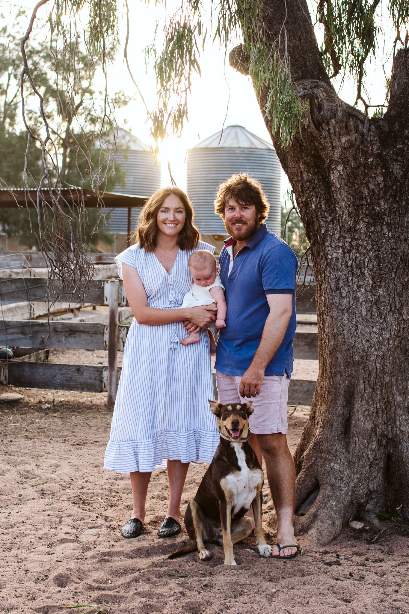 Mum, Dad and baby girl together with Loved kelpie dog at Sheep yards with silos in the background during golden hour.