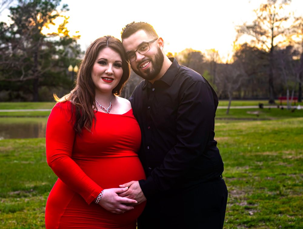 Red Dress Roses Couples Maternity Houston Tx