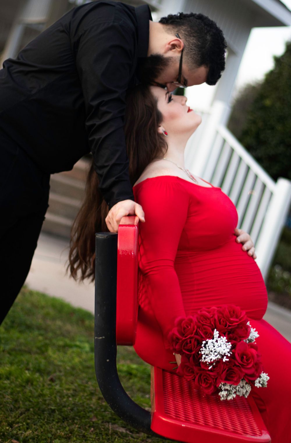 Maternity Photo Couple Maternity Red Dress Roses Pavilion Houston Tx
