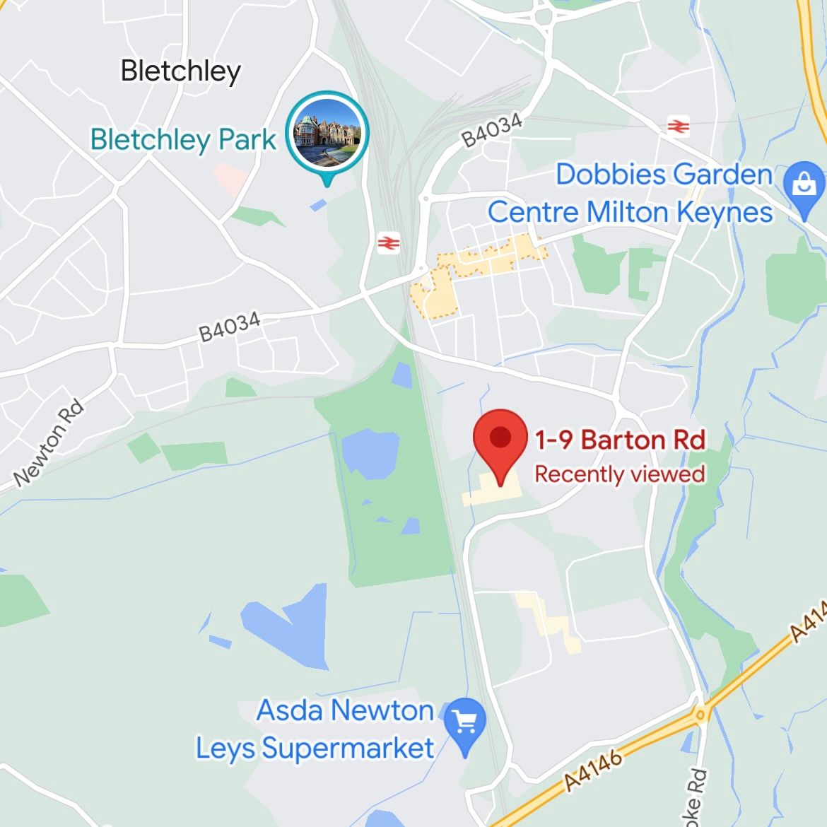 Map view showing location of Bletchley Park and nearby areas in Milton Keynes with dropped pin marker.