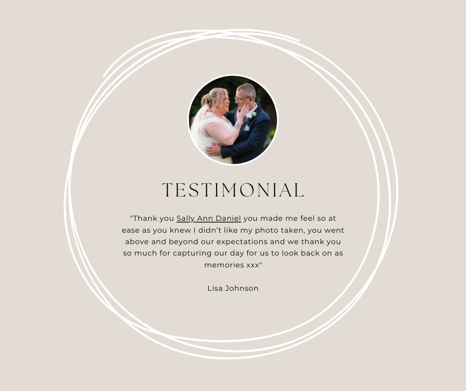 Simple wedding testimonial design with circular frames and elegant typography on beige background.