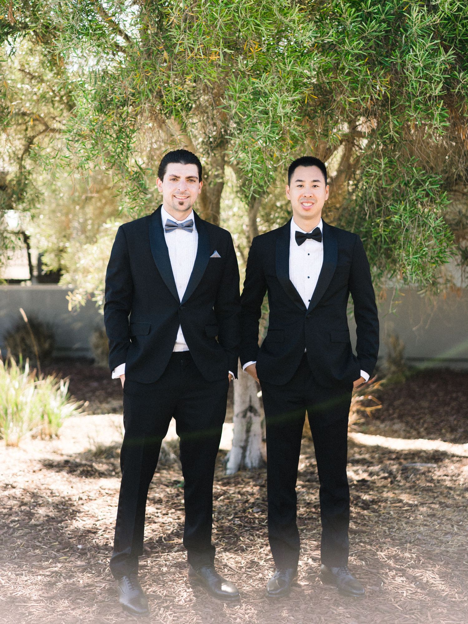 Two grooms in black tuxedos and bowties stand together under hanging tree branches.