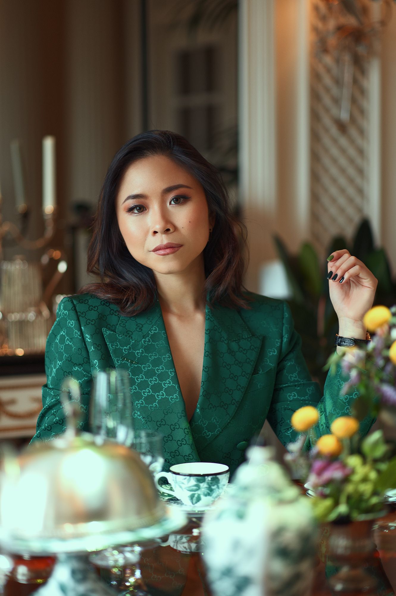 Nga Nguyen wearing Gucci at London Savoy hotel. Photo by Boyd Visuals.