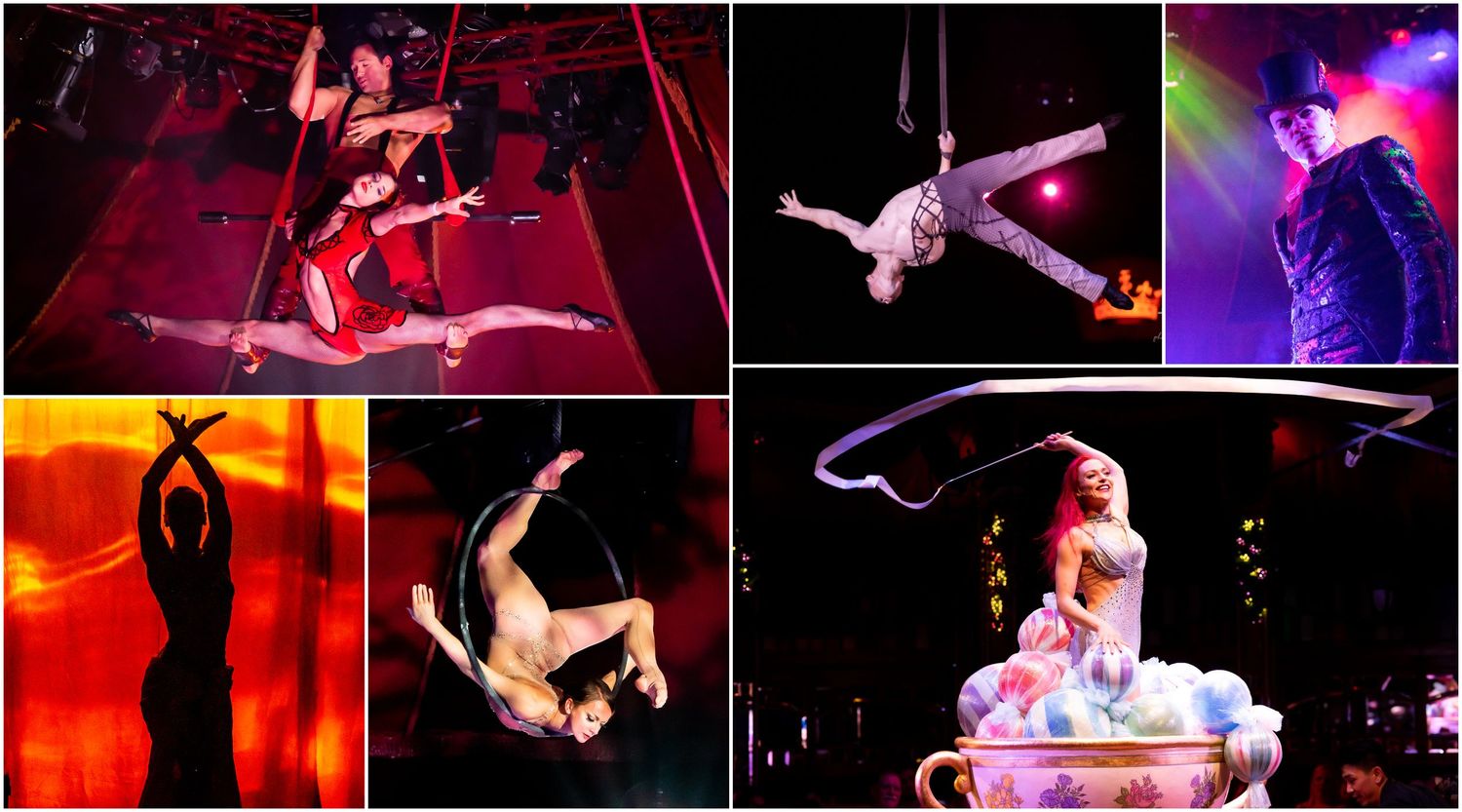 Collage of aerial circus performers in dramatic red and blue stage lighting.