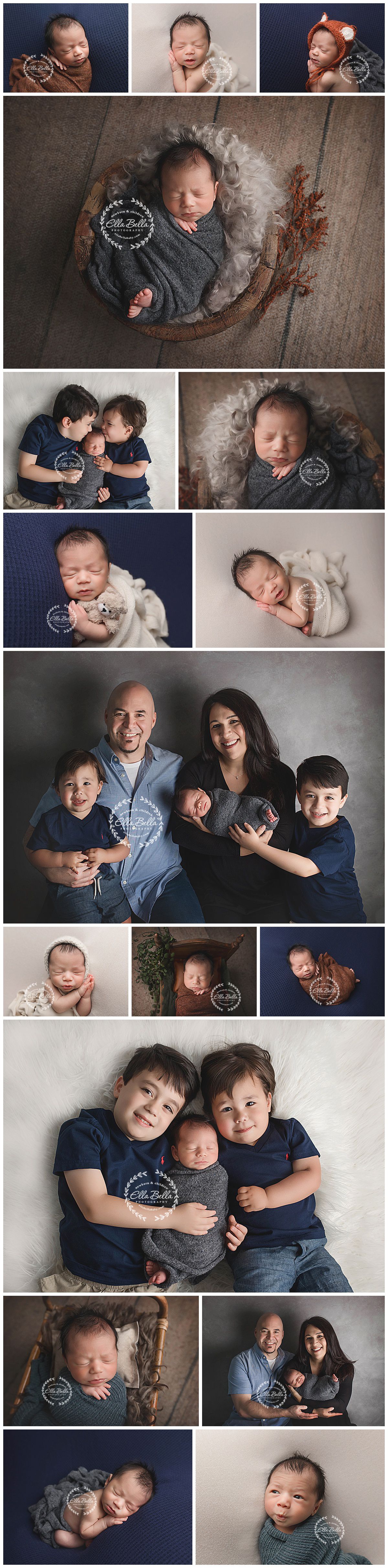 Professional newborn and family photography session collage featuring lifestyle and studio portraits.