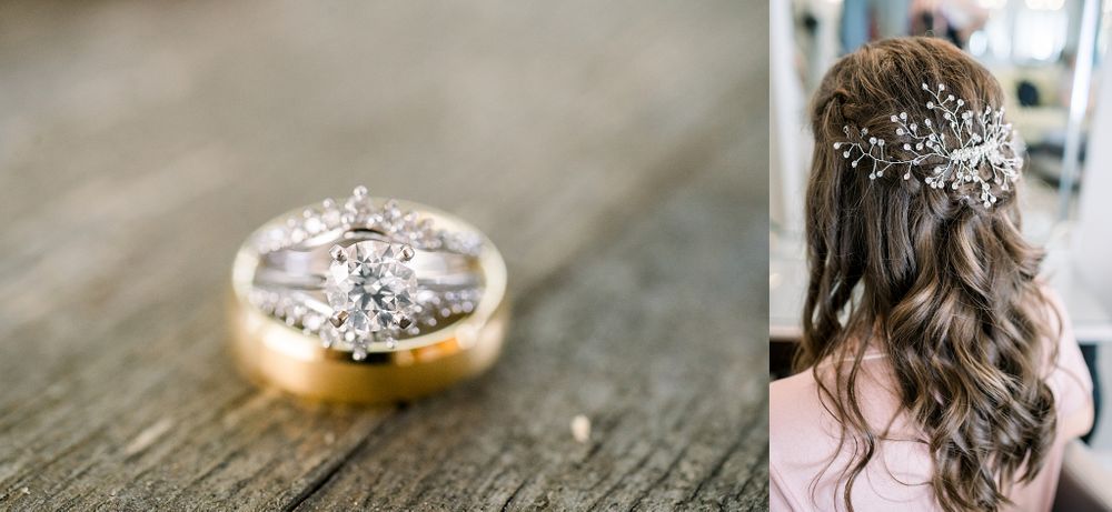 Close-up of an elegant diamond engagement ring and delicate bridal hair accessory.