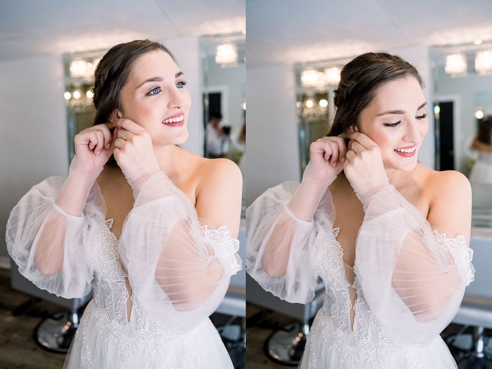 Intimate bridal portraits showcasing delicate details of a sheer wedding gown.