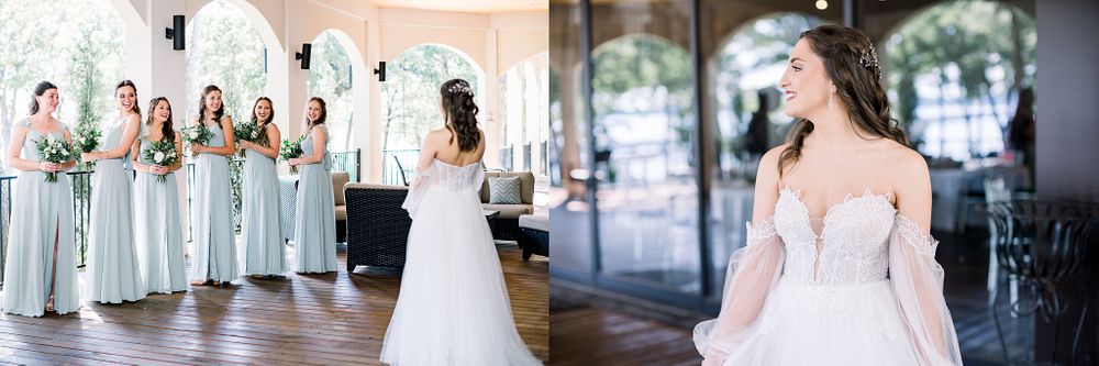 Wedding party in soft gray bridesmaid dresses posing in an elegant venue.