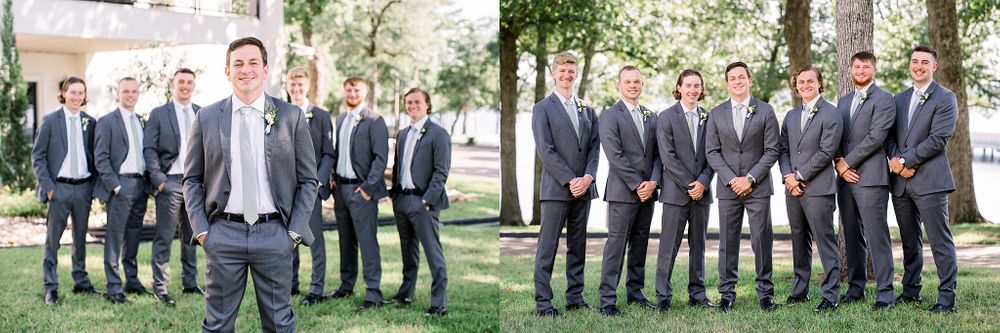 Groomsmen in gray suits pose casually outdoors for wedding party photos.