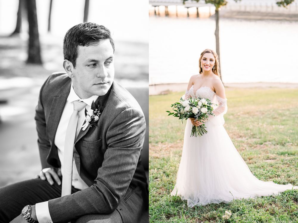 Wedding portraits featuring elegant couple in formal attire with waterfront backdrop.