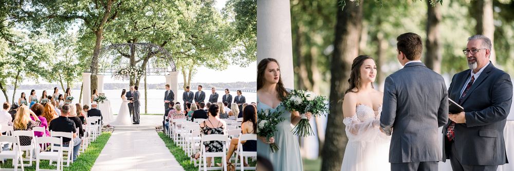 Lakeside wedding ceremony with white chairs and natural greenery.