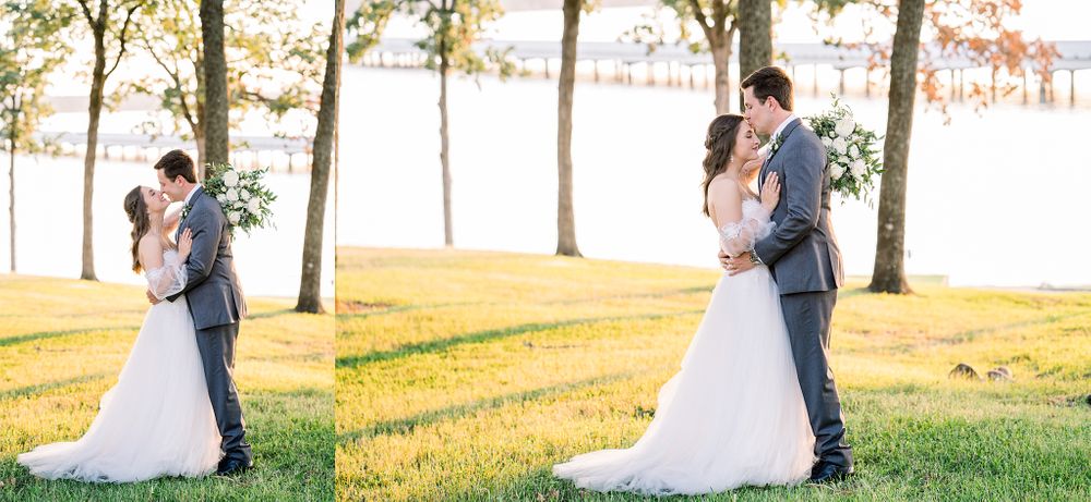 Romantic sunset portraits of a couple in wedding attire by a waterfront.