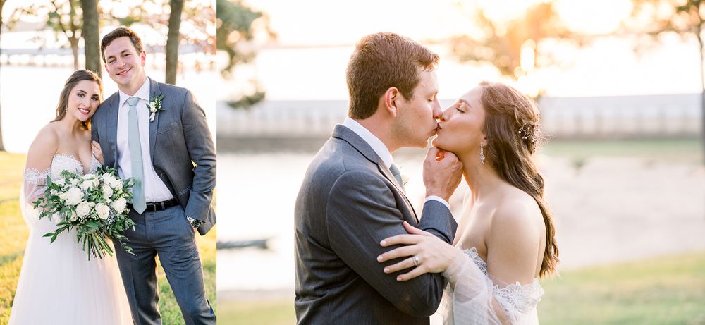 Intimate moment captured between newlyweds during golden hour portraits.